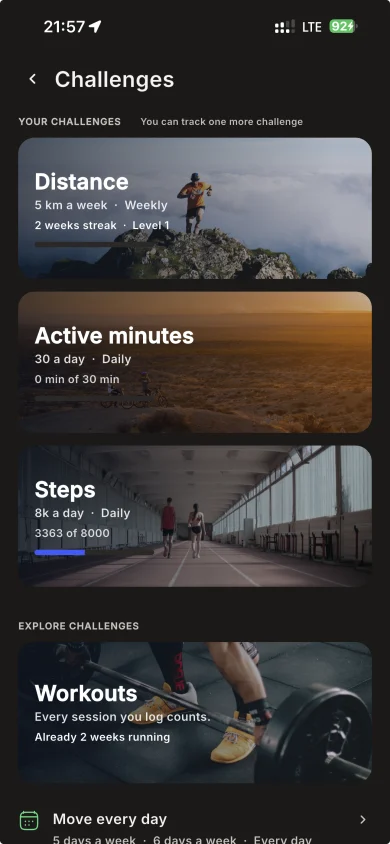 Nobo challenges screen with distance, active-minute and step goals
