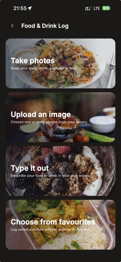 Nobo Food and Drink Log with photo, upload and text entry options