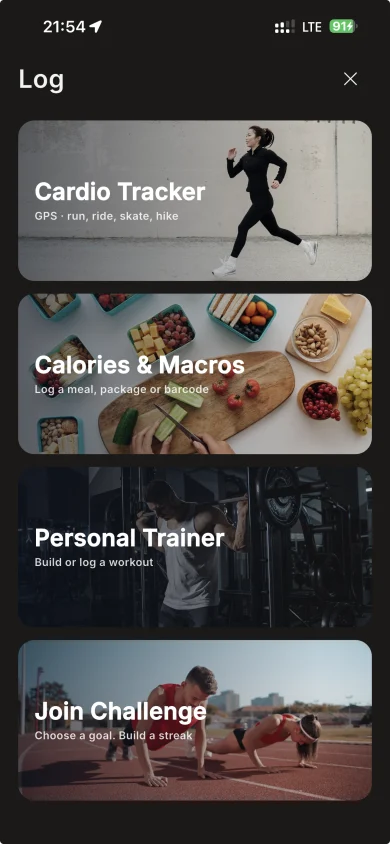 Nobo Log screen with cardio, nutrition, workout and challenge options
