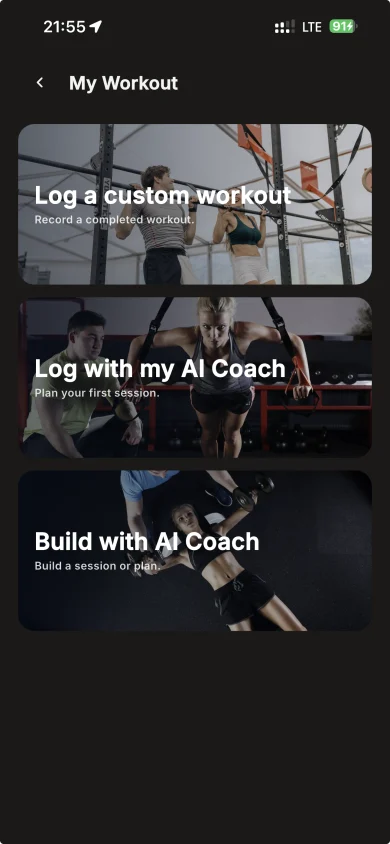 Nobo workout screen with custom workout and AI Coach options