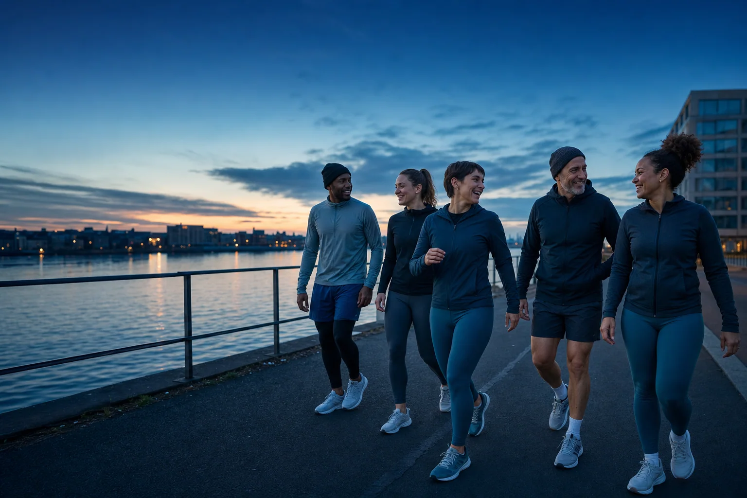 Friends running together outdoors at sunrise